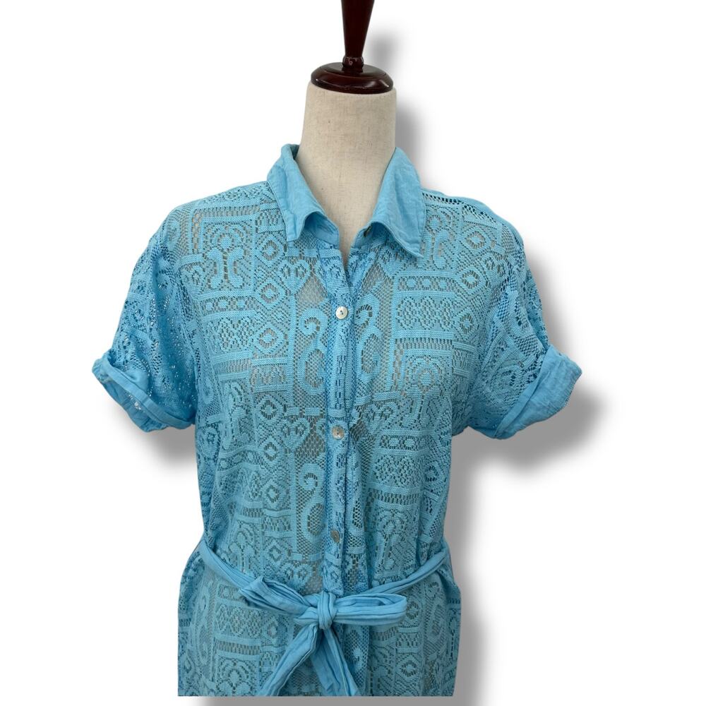 Becca Light Blue Collard Swimsuit Coverup Dress Large Cotton Guaze Lace Sheer - Picture 4 of 12